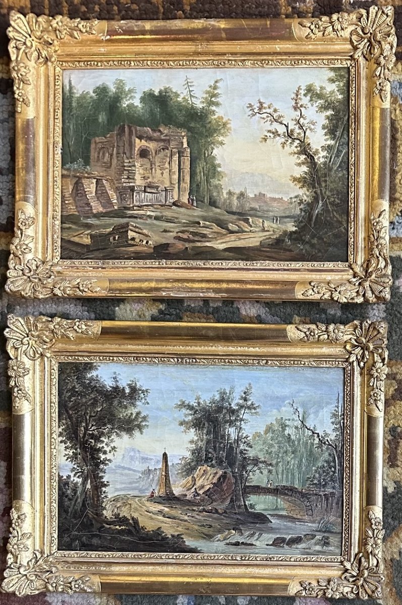 Paire de tableaux paysages XVIIIème