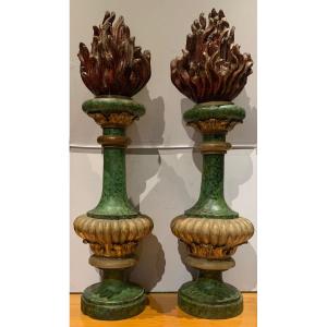 Pair Of 17th Century Painted And Gilded Wood Fire Pots