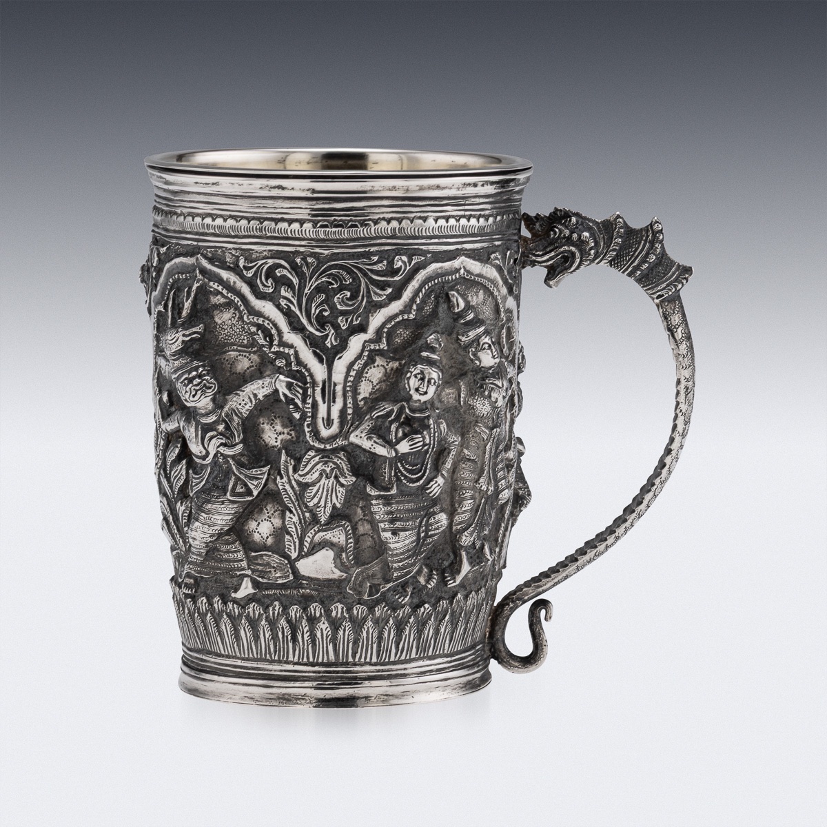 Antique 19thc Burmese Solid Silver Repoussé "jataka Tales" Mug C.1890-photo-2
