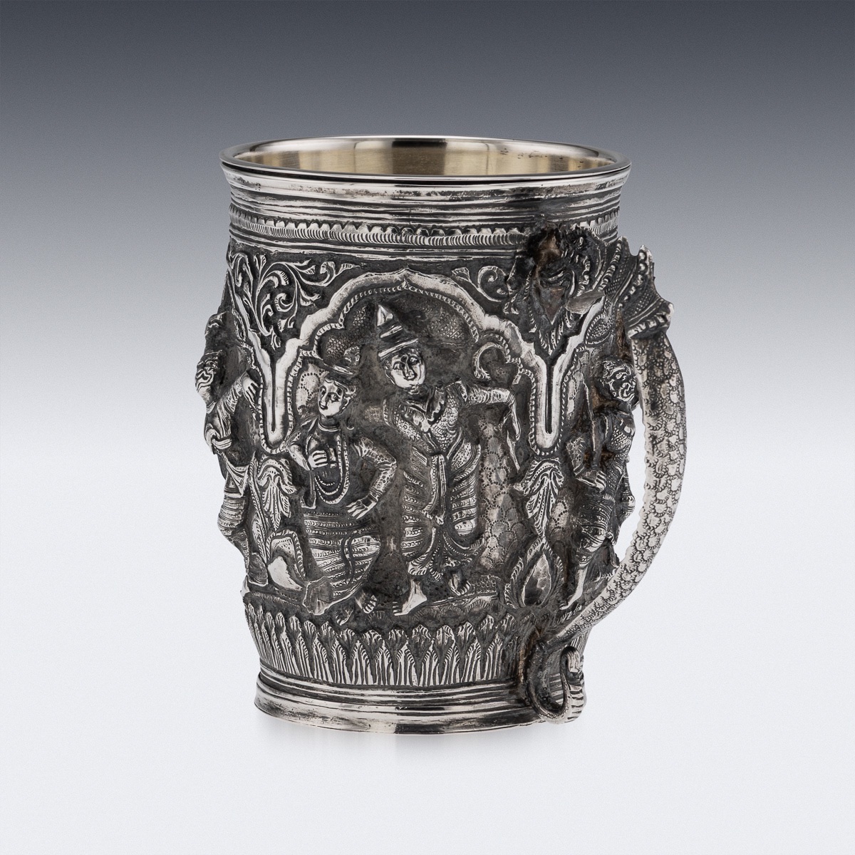 Antique 19thc Burmese Solid Silver Repoussé "jataka Tales" Mug C.1890-photo-3