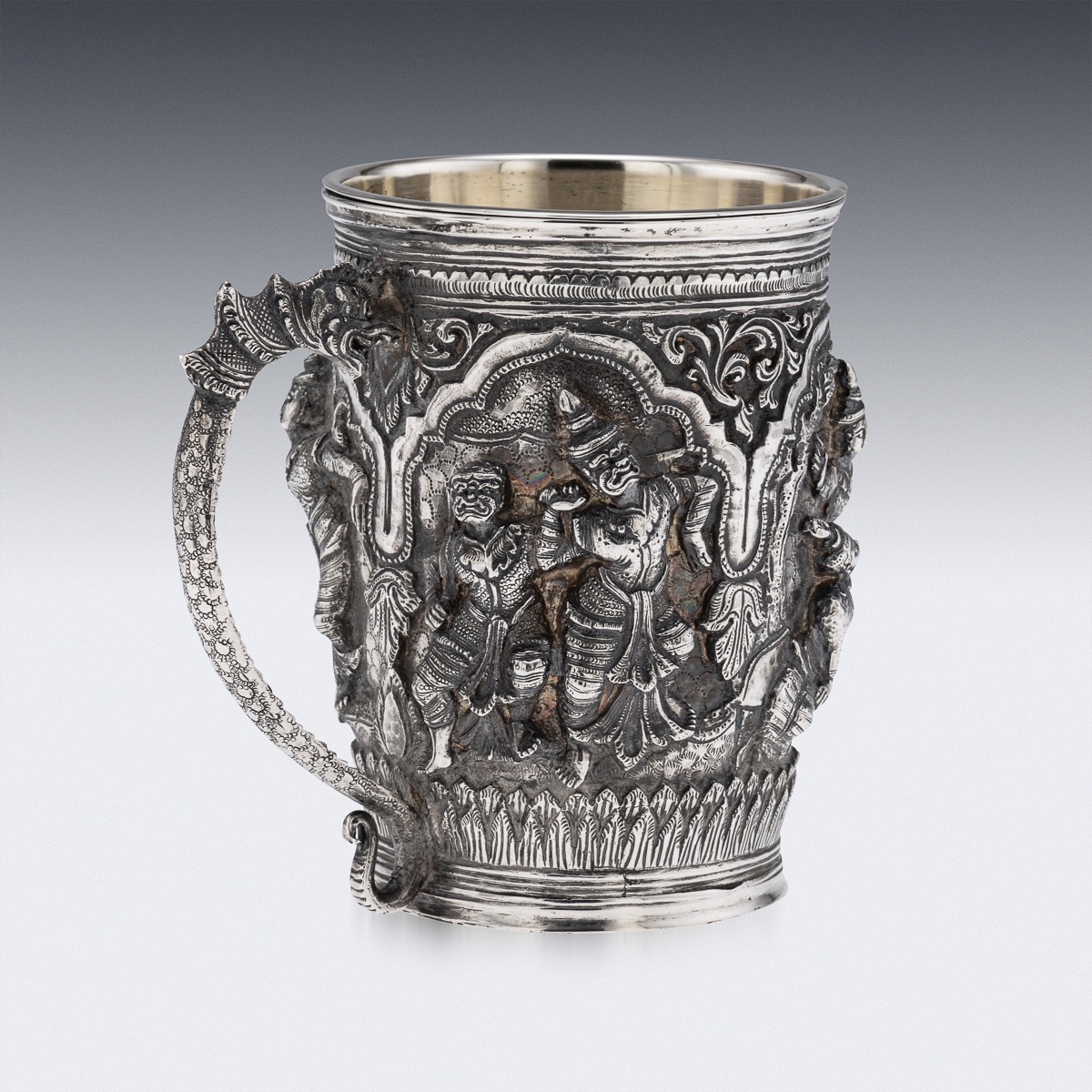 Antique 19thc Burmese Solid Silver Repoussé "jataka Tales" Mug C.1890-photo-4