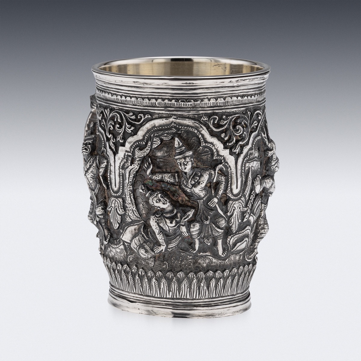 Antique 19thc Burmese Solid Silver Repoussé "jataka Tales" Mug C.1890-photo-1