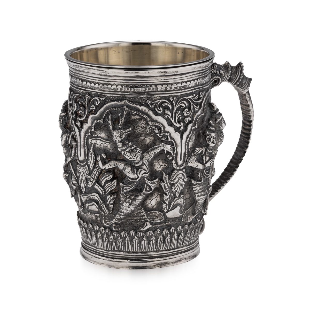 Antique 19thc Burmese Solid Silver Repoussé "jataka Tales" Mug C.1890