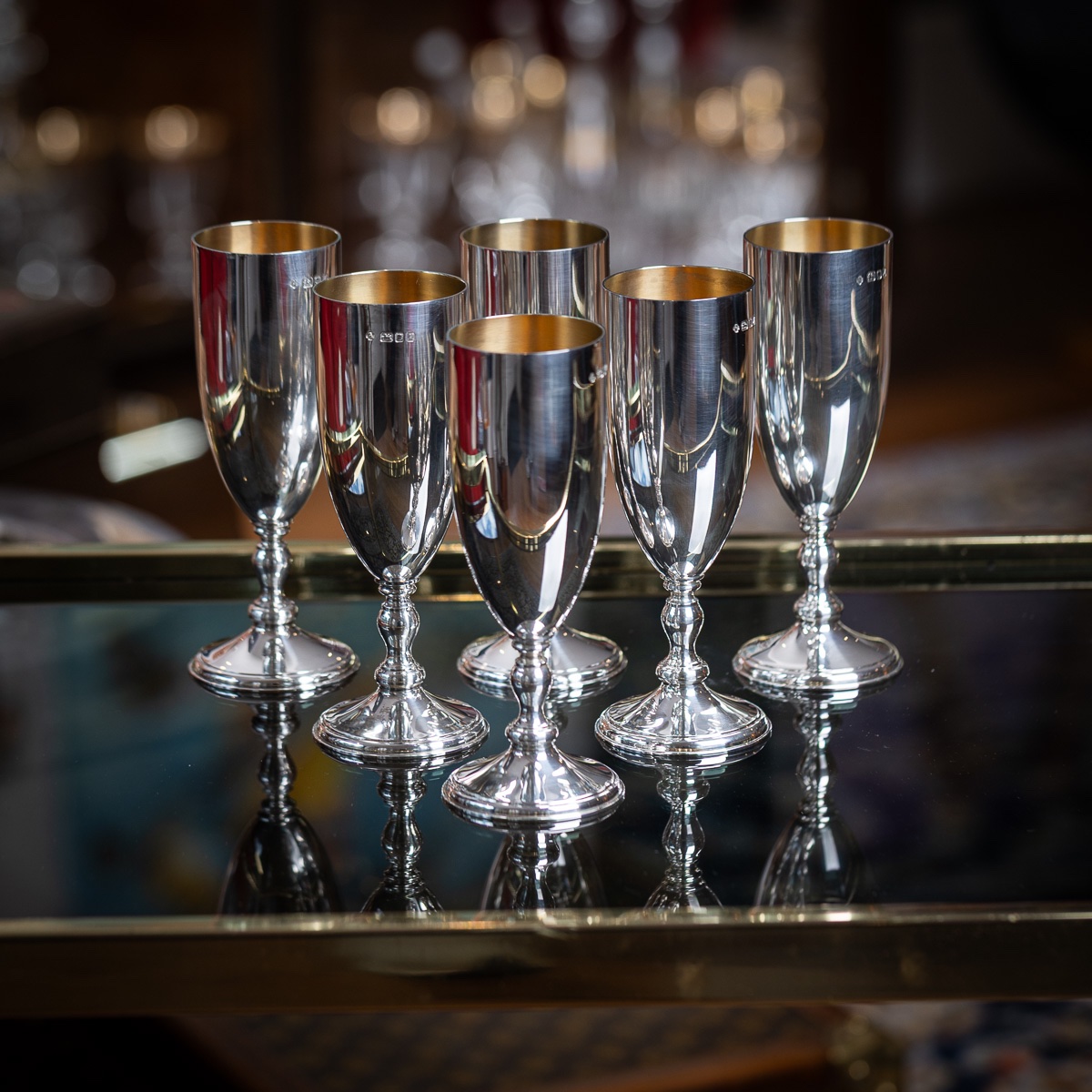 Vintage 20thc English Solid Silver Set Of Six Champagne Flutes, London C.1986-photo-2