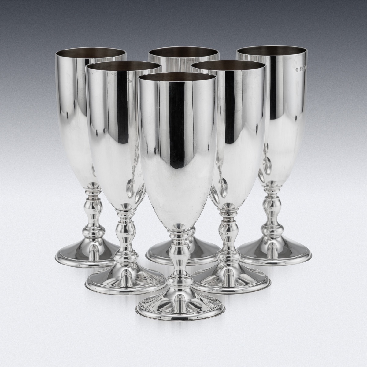 Vintage 20thc English Solid Silver Set Of Six Champagne Flutes, London C.1986-photo-3