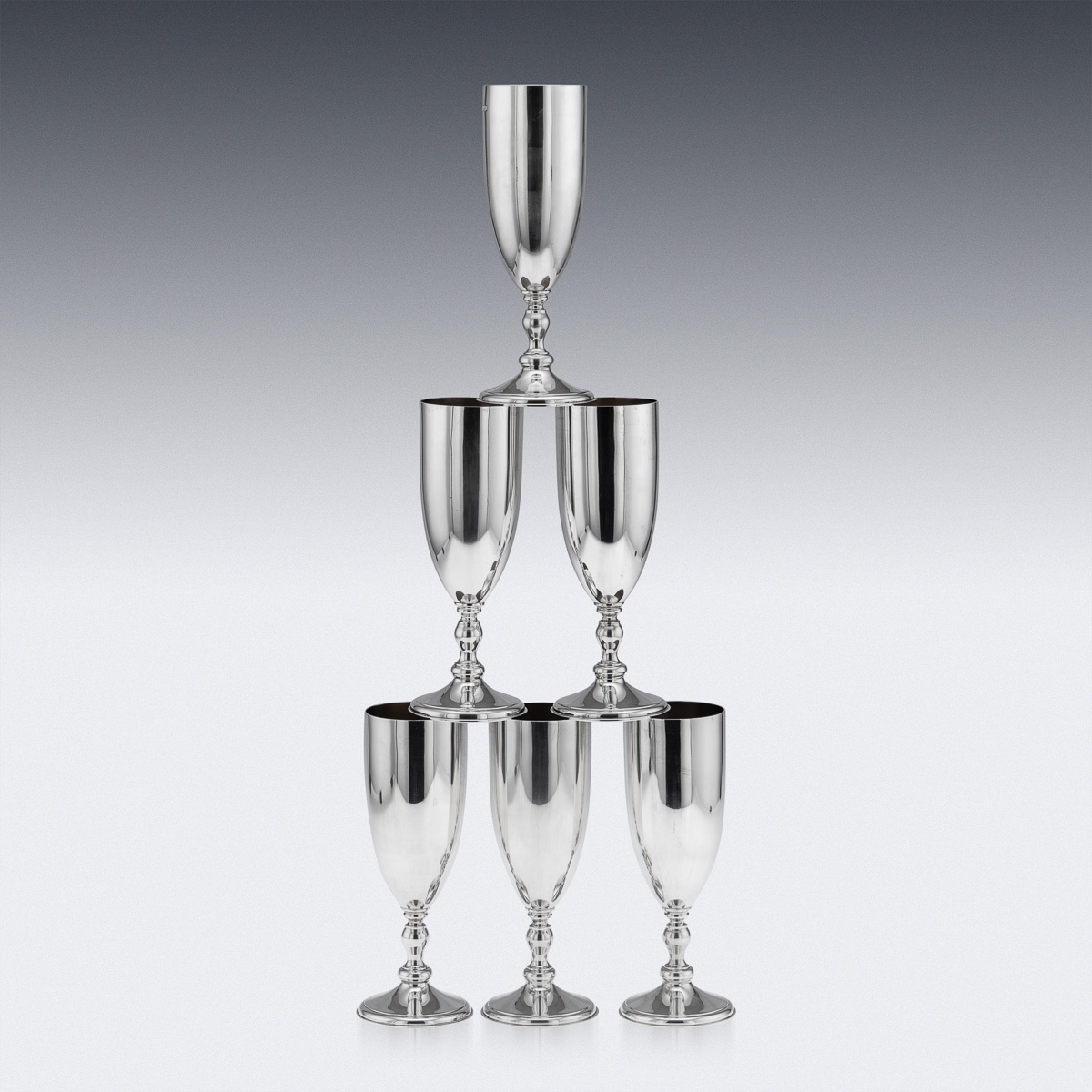 Vintage 20thc English Solid Silver Set Of Six Champagne Flutes, London C.1986-photo-4