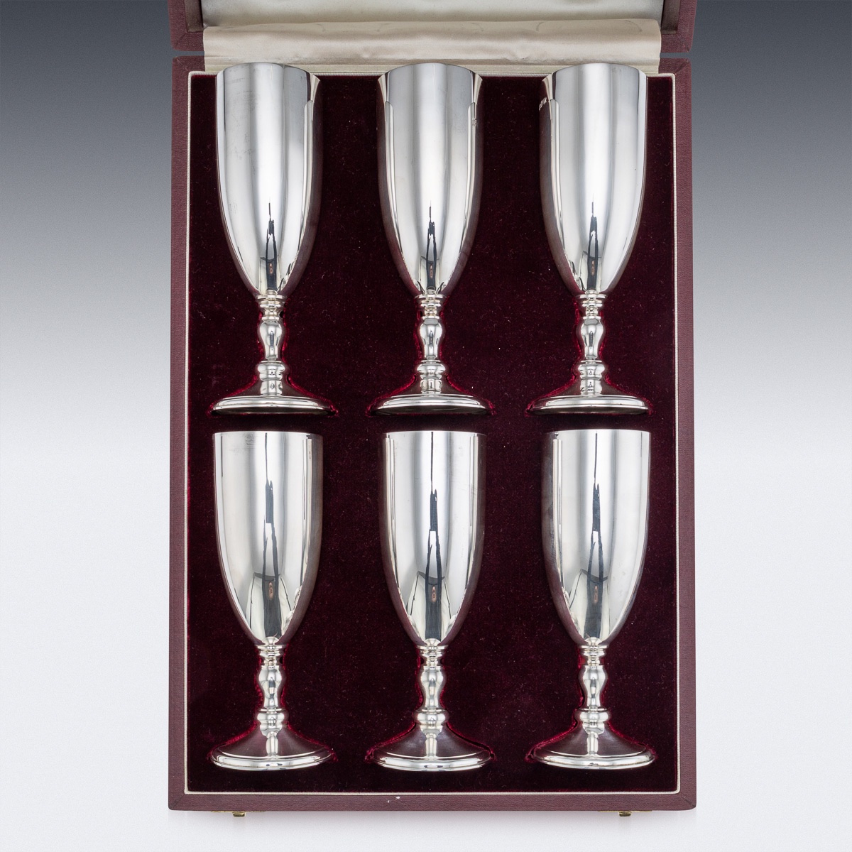 Vintage 20thc English Solid Silver Set Of Six Champagne Flutes, London C.1986-photo-2
