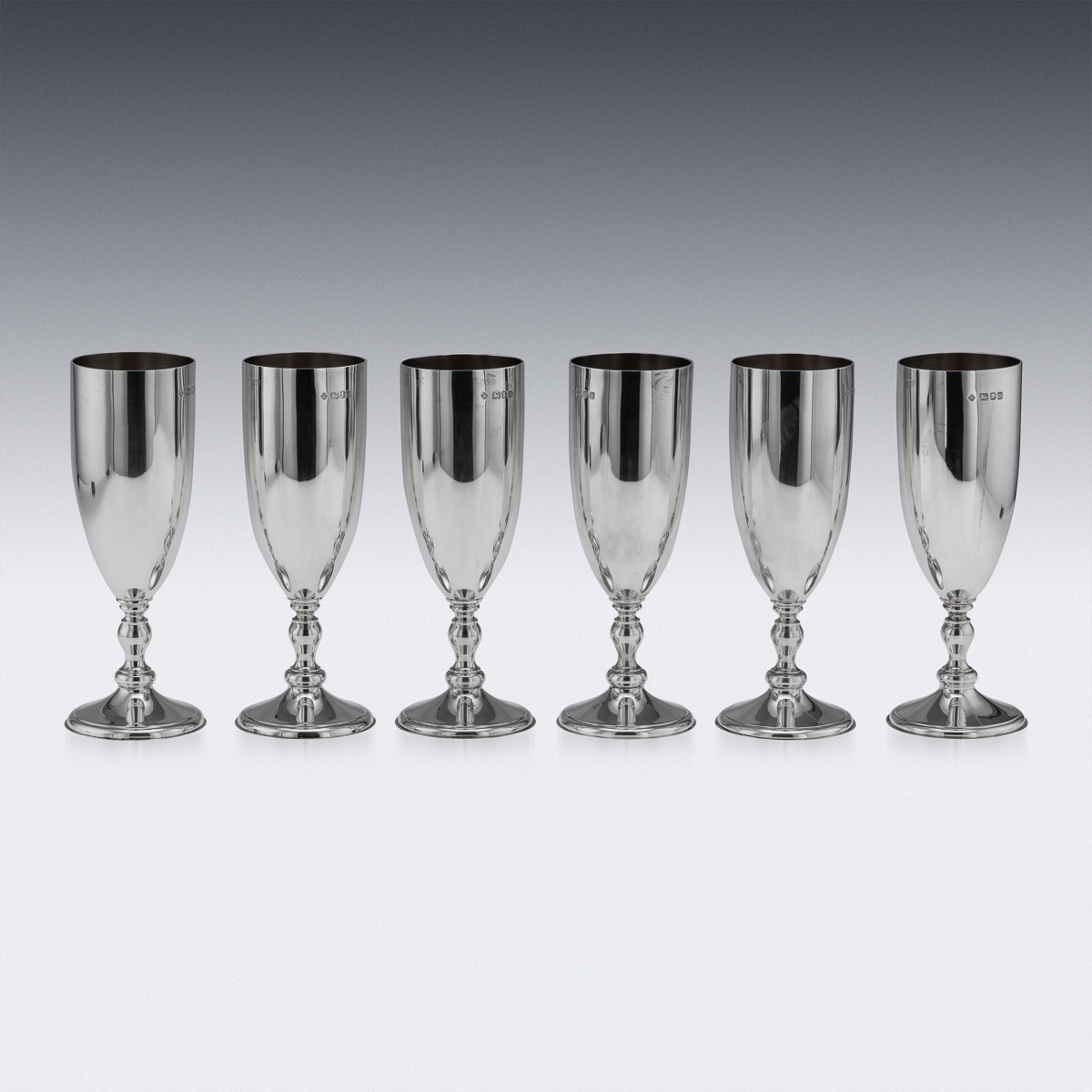 Vintage 20thc English Solid Silver Set Of Six Champagne Flutes, London C.1986-photo-5