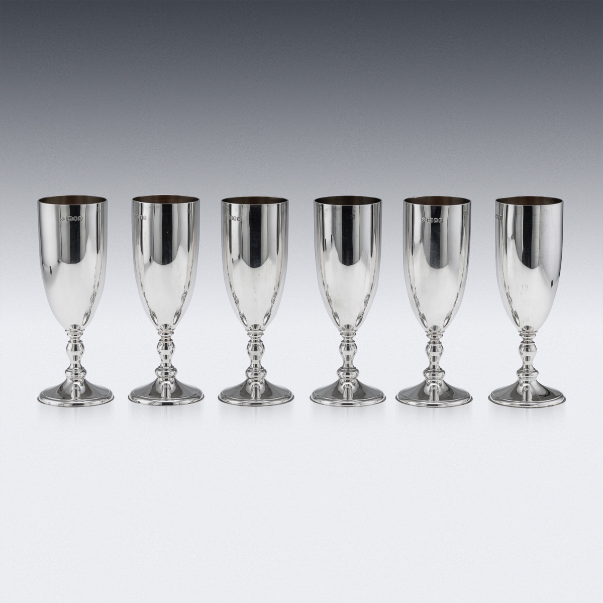 Vintage 20thc English Solid Silver Set Of Six Champagne Flutes, London C.1986-photo-6