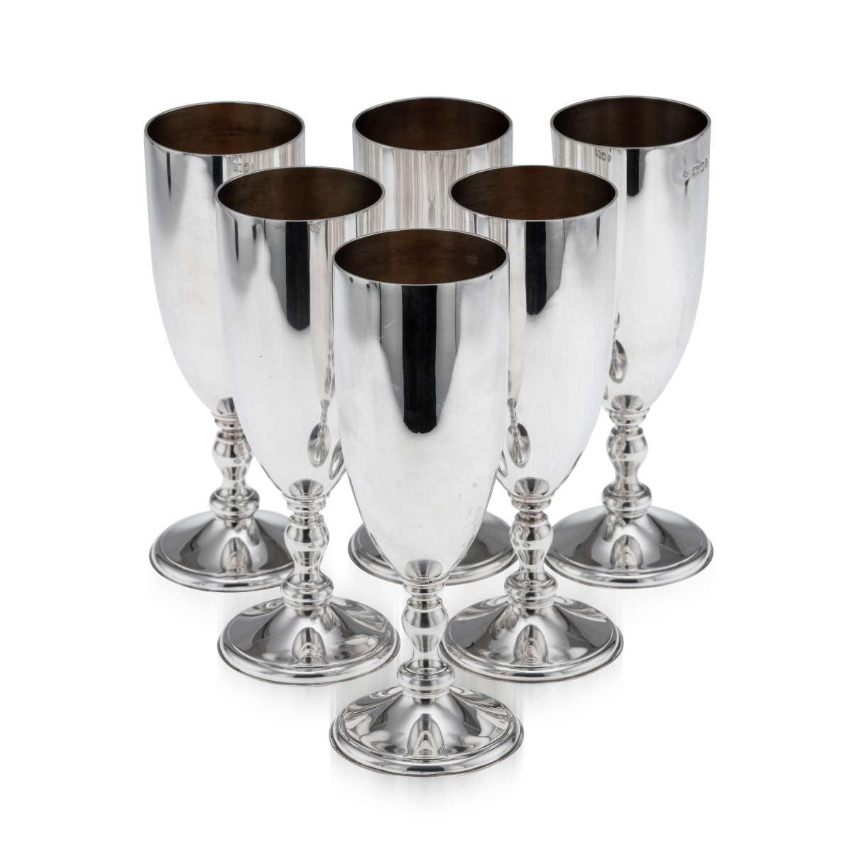 Vintage 20thc English Solid Silver Set Of Six Champagne Flutes, London C.1986