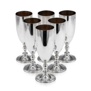 Vintage 20thc English Solid Silver Set Of Six Champagne Flutes, London C.1986