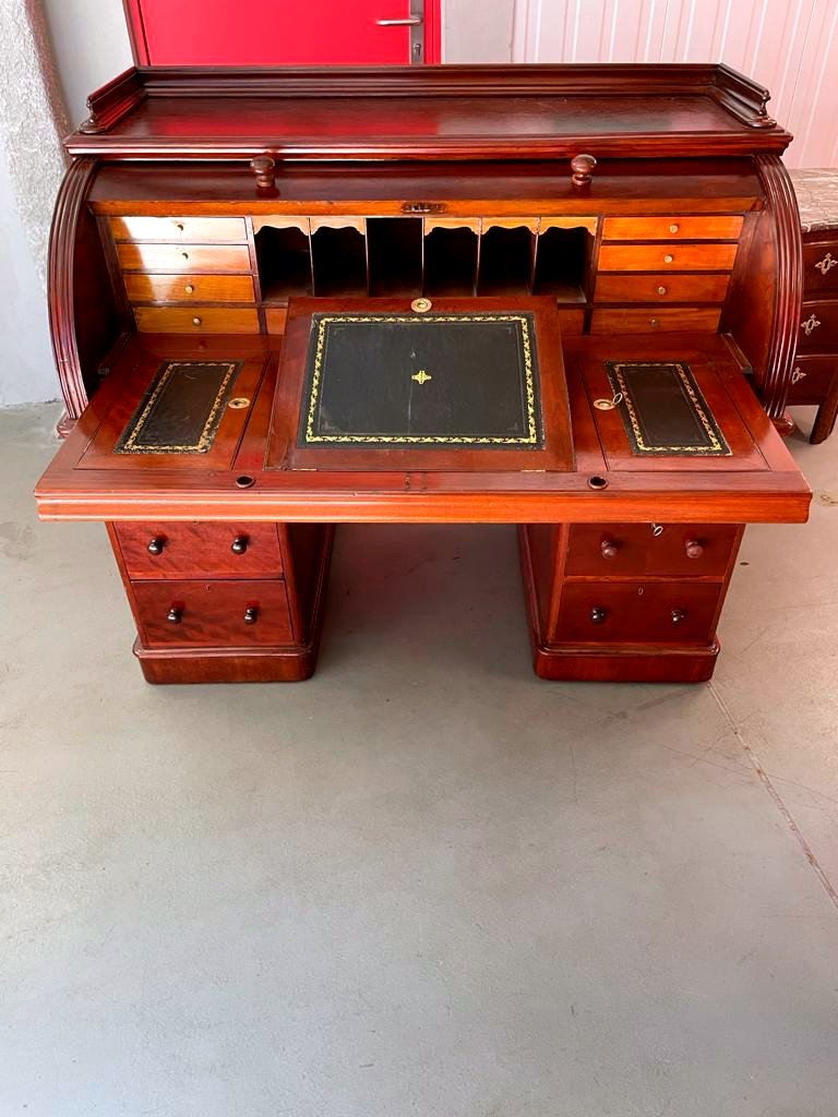 Bureau Cylindre - époque Victorienne - Acajou Flammé - XIXème Siècle