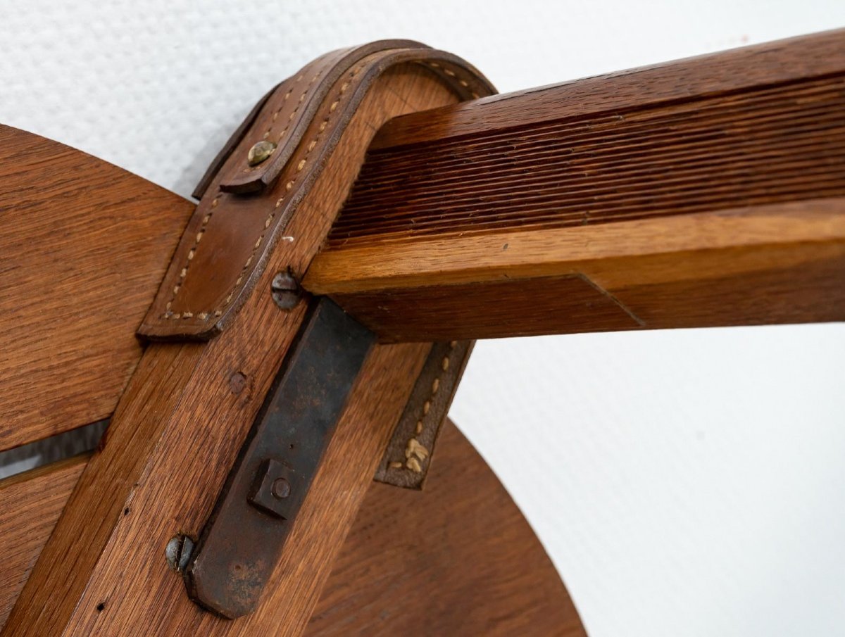 Solid Oak Coffee Table - Jacques Adnet - Sellier Stitching Leather - Period: XXth-photo-4