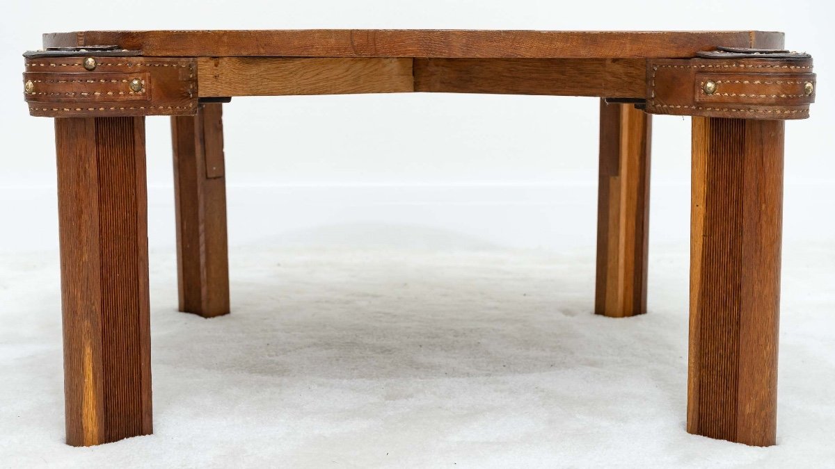 Solid Oak Coffee Table - Jacques Adnet - Sellier Stitching Leather - Period: XXth-photo-4