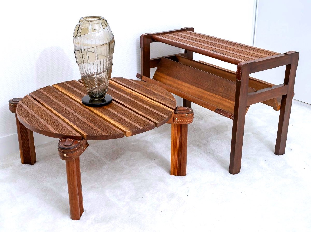 Living Room Library Table. - Jacques Adnet - Elm And Leather - Period: XXth-photo-2