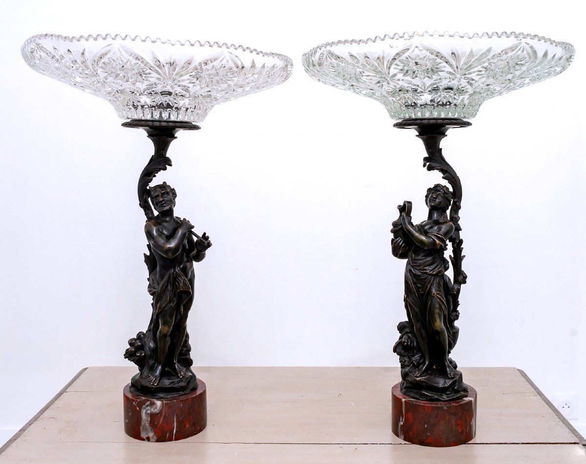 Pair Of Patinated Bronze Centerpieces - Red Campan Griotte Marble Base - Period: XIXth-photo-2