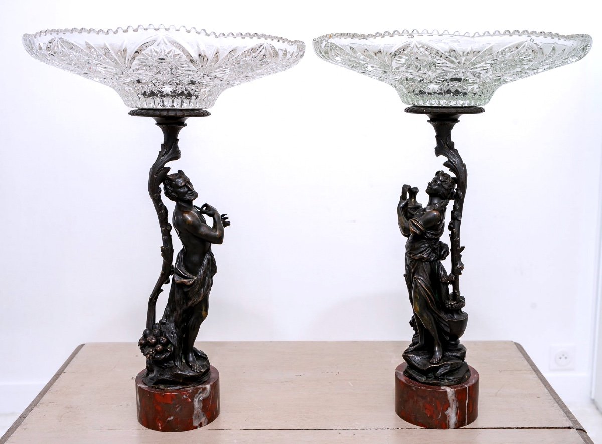 Paire De Centre De Table Bronze Patiné - Socle Marbre Griotte De Campan Rouge - époque : XIXème-photo-1