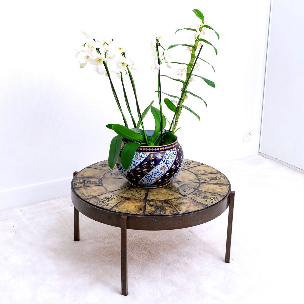Circular Wrought Iron & Enamelled Ceramic Coffee Table - Jacques Blin - Period: 20th Century-photo-4
