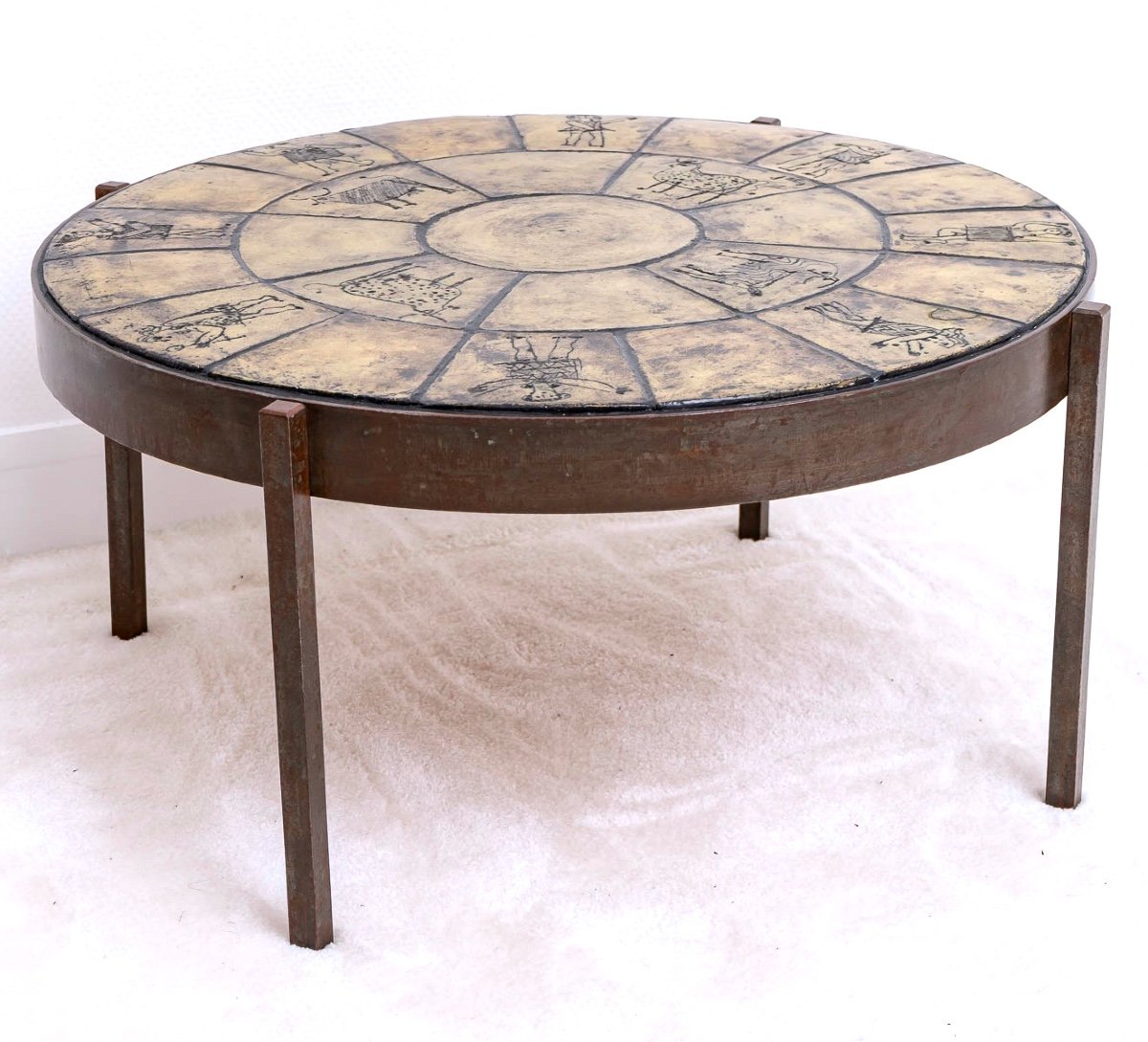 Circular Wrought Iron & Enamelled Ceramic Coffee Table - Jacques Blin - Period: 20th Century