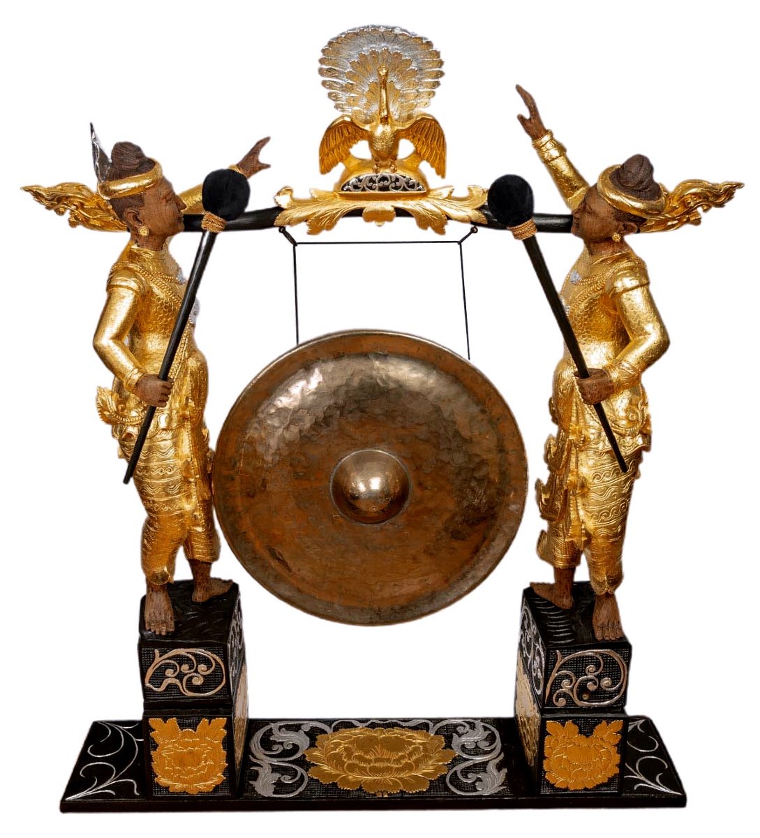 Ancienne Table Bois Gong Sculptée  Mains - Feuilles d'Or Et Argent - époque : Début XXème Siècle