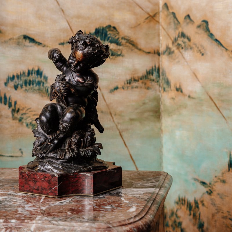 Bronze - Brown Patina -  Faun With Owls Against A Red Marble Base - 19th Century-photo-2