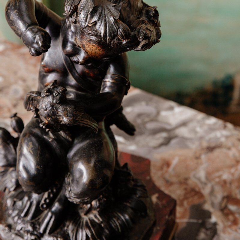 Bronze - Brown Patina -  Faun With Owls Against A Red Marble Base - 19th Century-photo-1