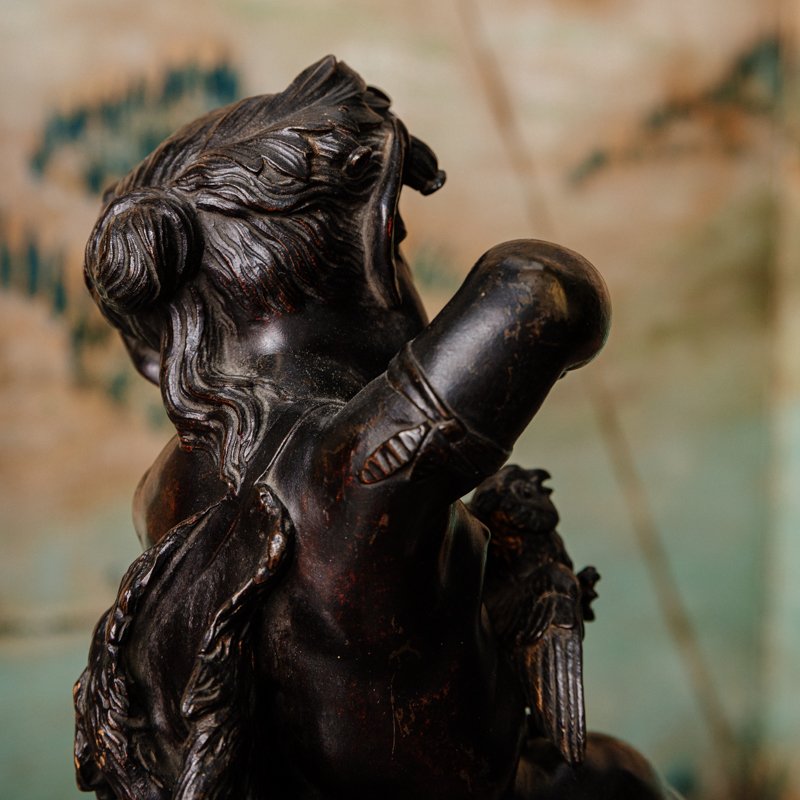 Bronze - Brown Patina -  Faun With Owls Against A Red Marble Base - 19th Century-photo-3