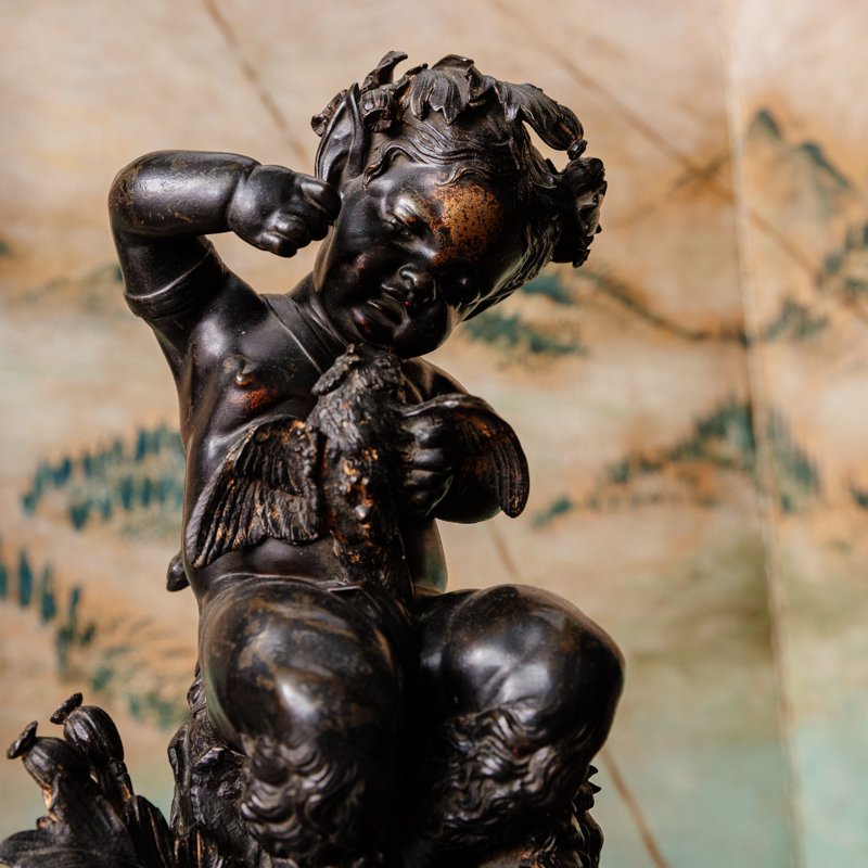 Bronze - Brown Patina -  Faun With Owls Against A Red Marble Base - 19th Century