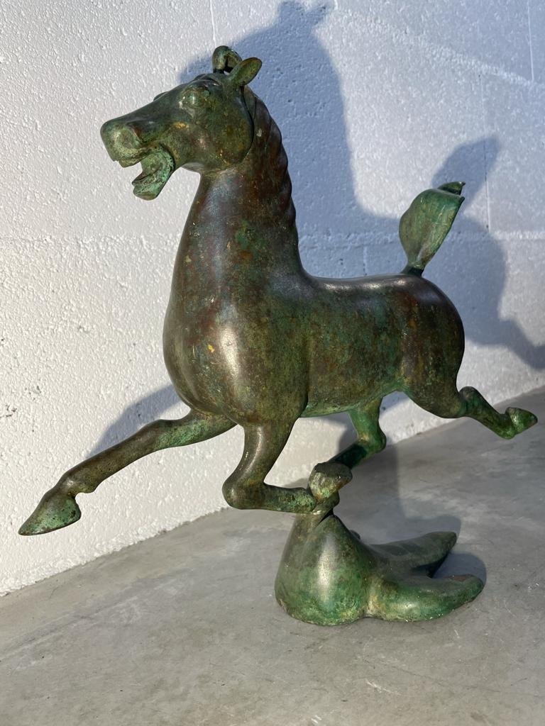 Antique Green Patina Bronze - The Flying Horse Of Ganzu - Period: Early 20th Century-photo-2