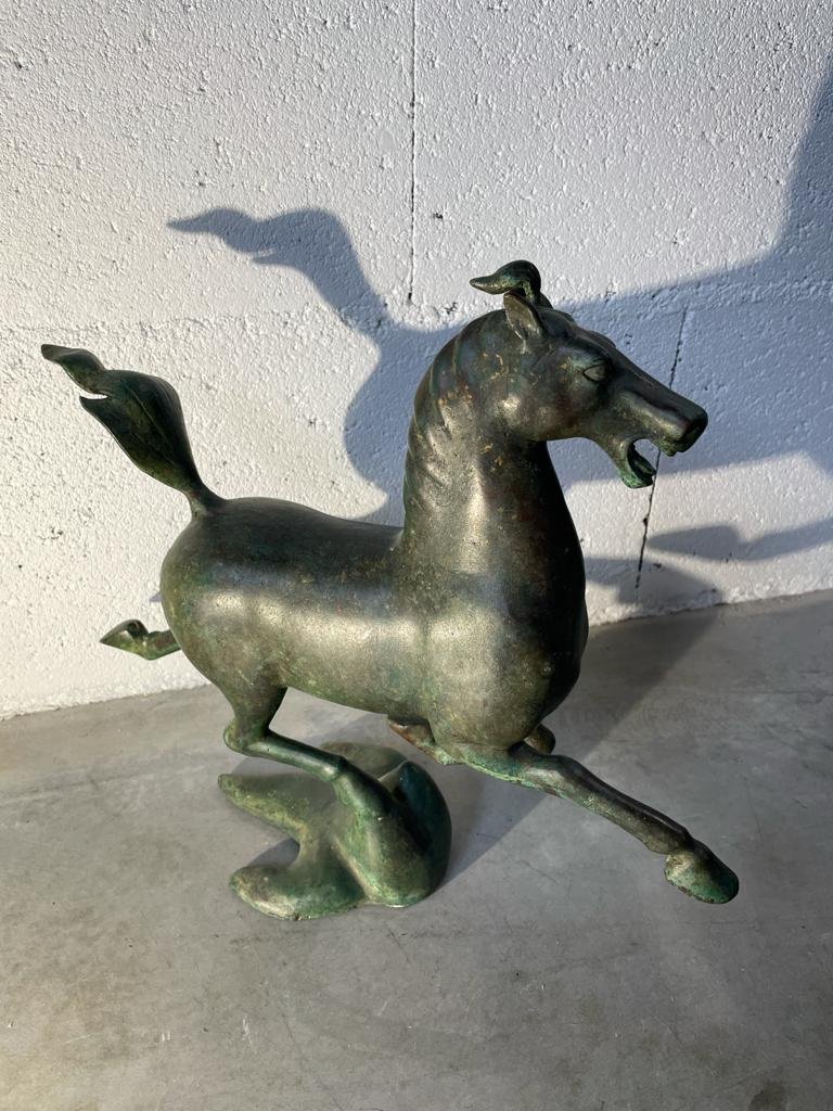 Antique Green Patina Bronze - The Flying Horse Of Ganzu - Period: Early 20th Century-photo-3