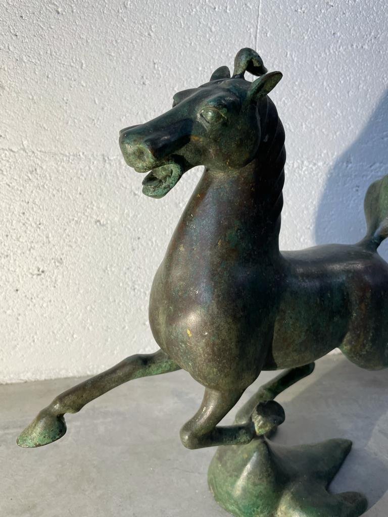 Antique Green Patina Bronze - The Flying Horse Of Ganzu - Period: Early 20th Century-photo-4
