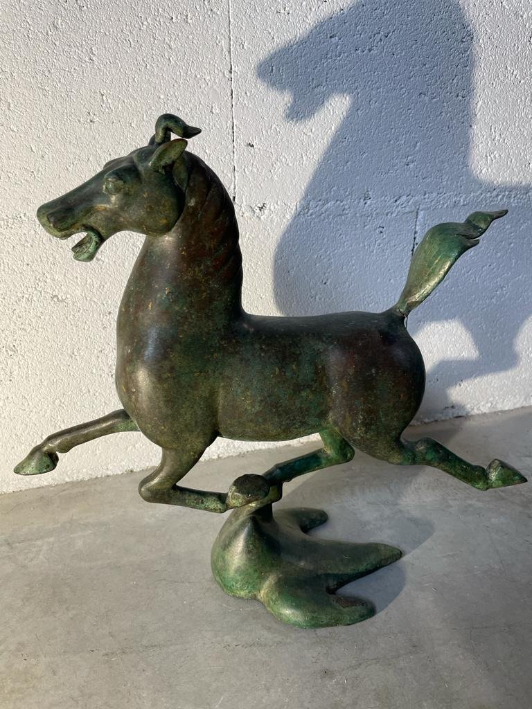 Antique Green Patina Bronze - The Flying Horse Of Ganzu - Period: Early 20th Century-photo-6