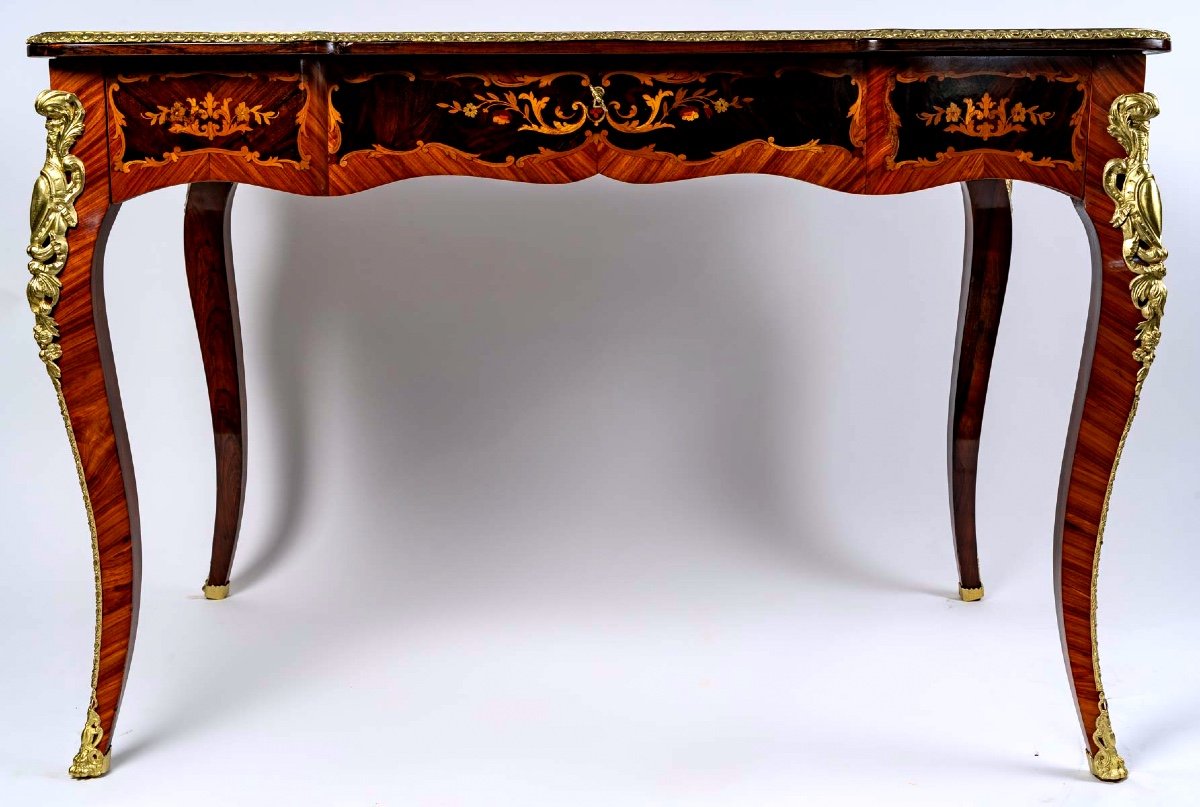 Magnificent Flat Desk - Louis XV Style - Precious Wood Marquetry - Golden Bronzes - XIXth-photo-3