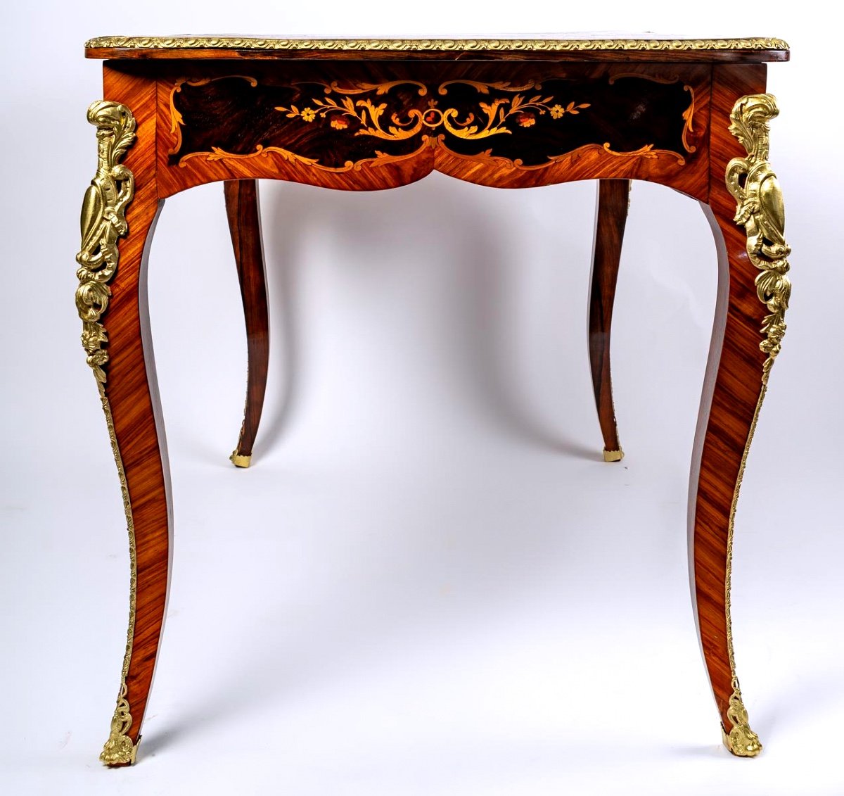 Magnificent Flat Desk - Louis XV Style - Precious Wood Marquetry - Golden Bronzes - XIXth-photo-4