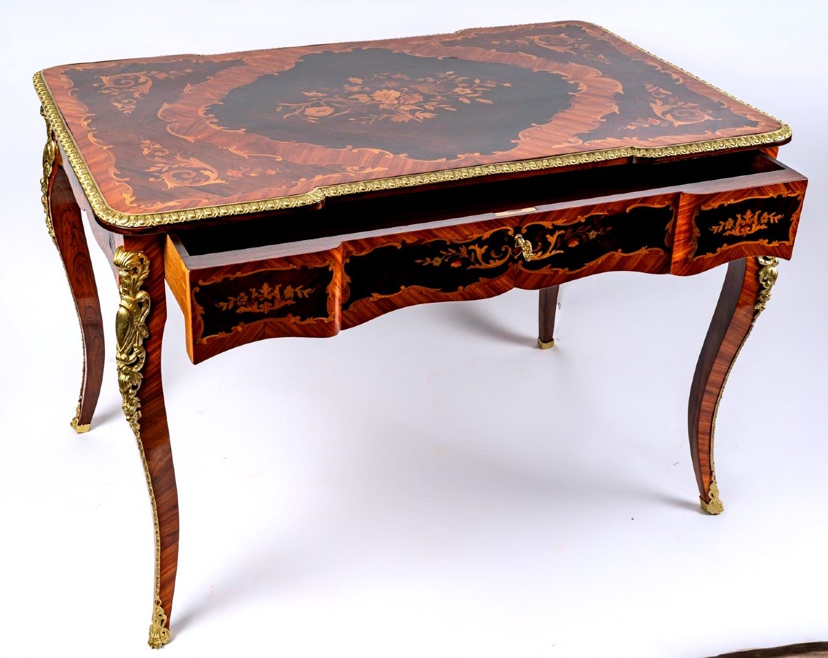 Magnificent Flat Desk - Louis XV Style - Precious Wood Marquetry - Golden Bronzes - XIXth-photo-3