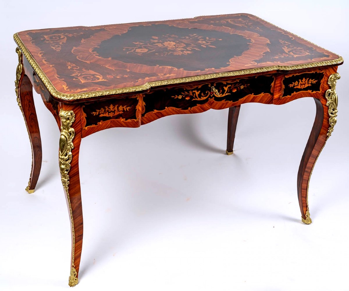 Magnificent Flat Desk - Louis XV Style - Precious Wood Marquetry - Golden Bronzes - XIXth