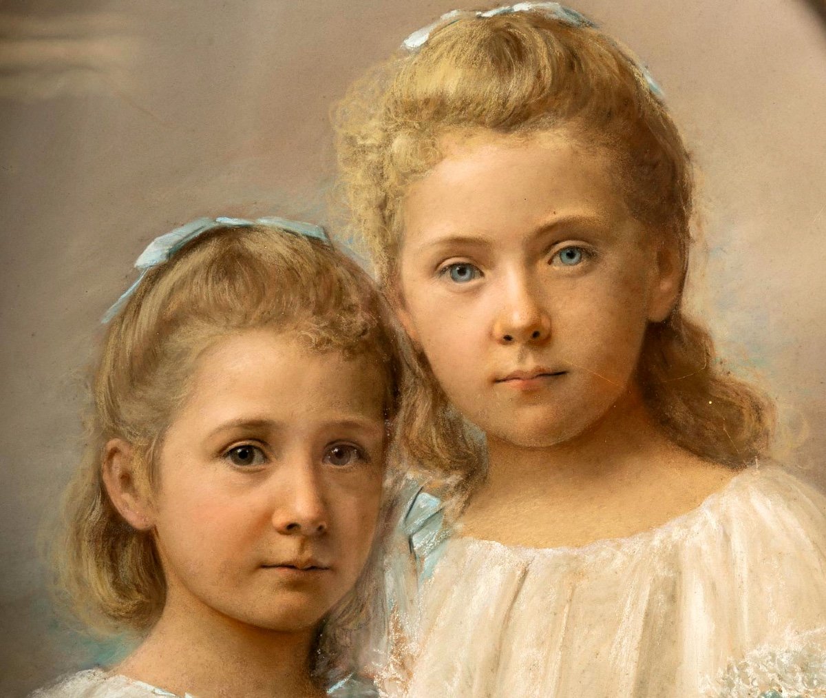 Pastel Marouflé Sur Toile - Cadre Bois Doré - Portrait De Deux Fillettes - Époque : XIXème - Circa : 1894-photo-3