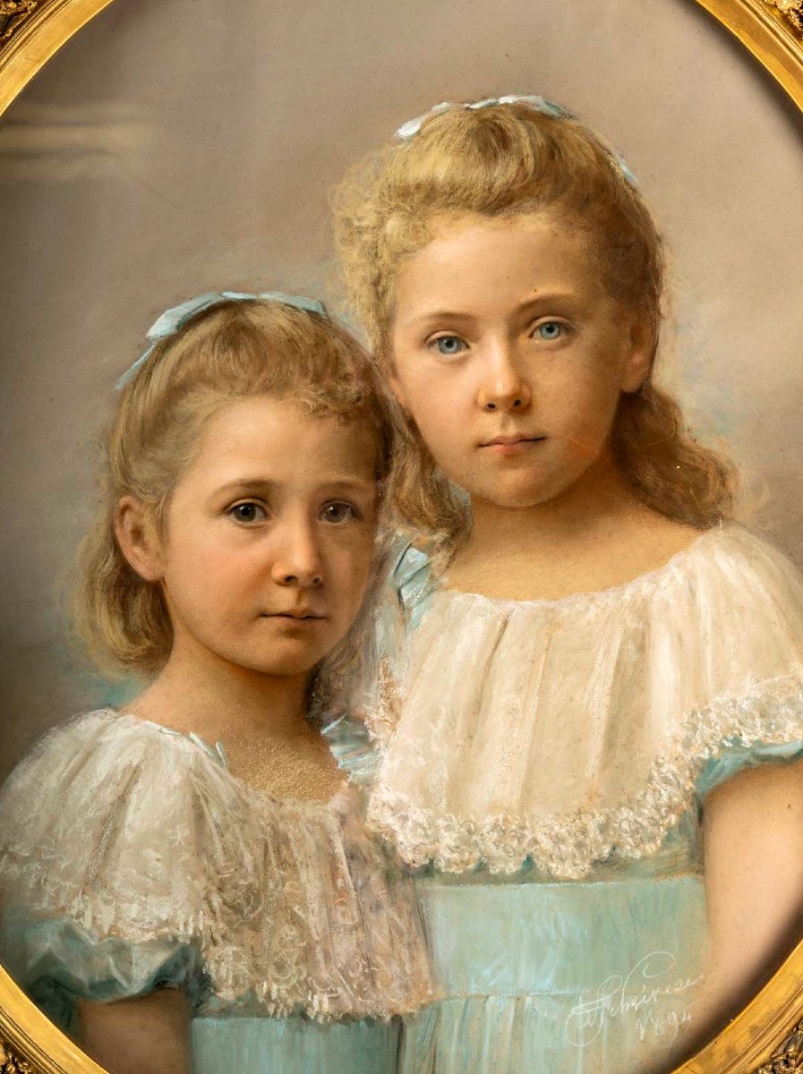 Pastel Marouflé Sur Toile - Cadre Bois Doré - Portrait De Deux Fillettes - Époque : XIXème - Circa : 1894-photo-1