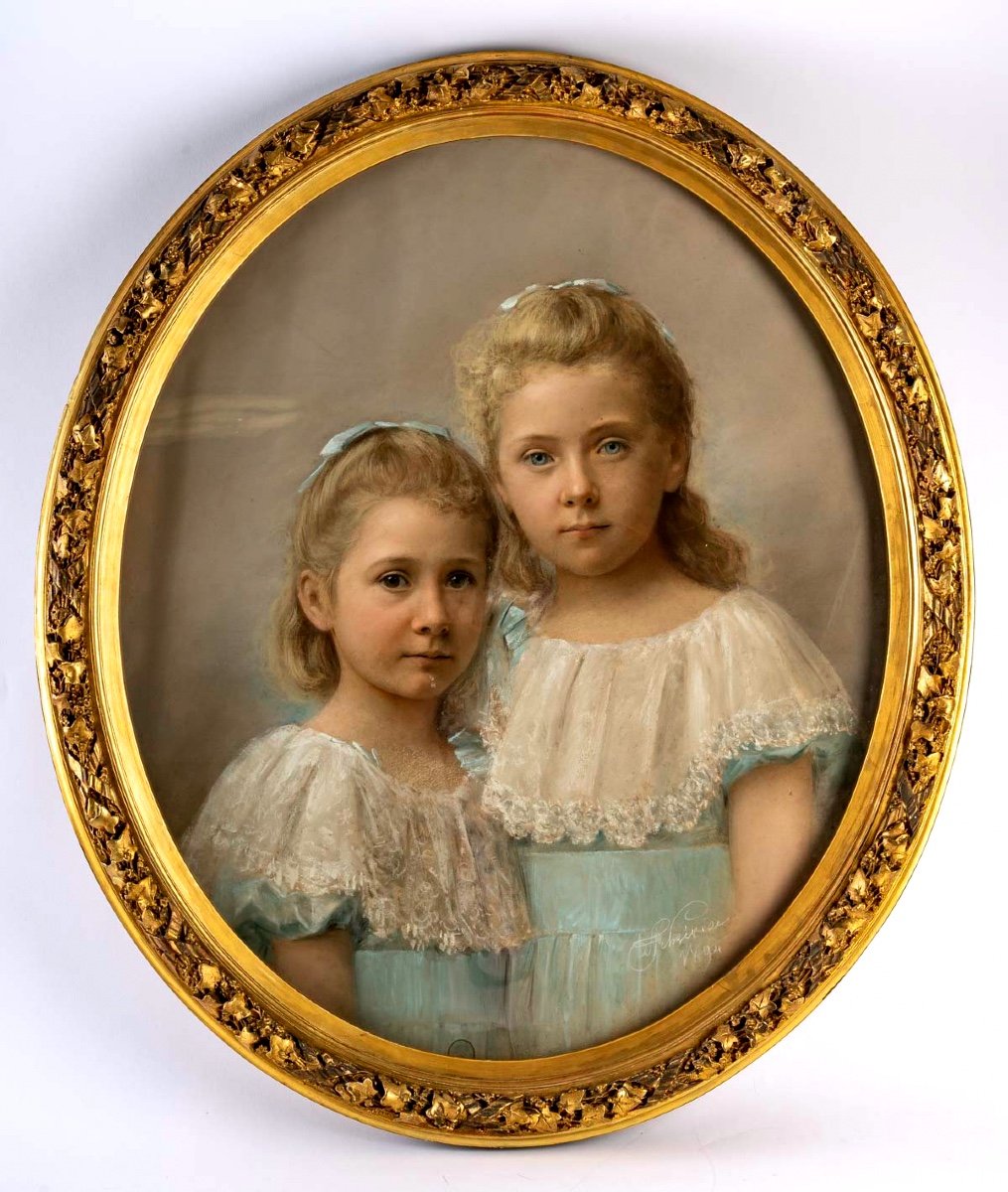 Pastel Marouflé Sur Toile - Cadre Bois Doré - Portrait De Deux Fillettes - Époque : XIXème - Circa : 1894