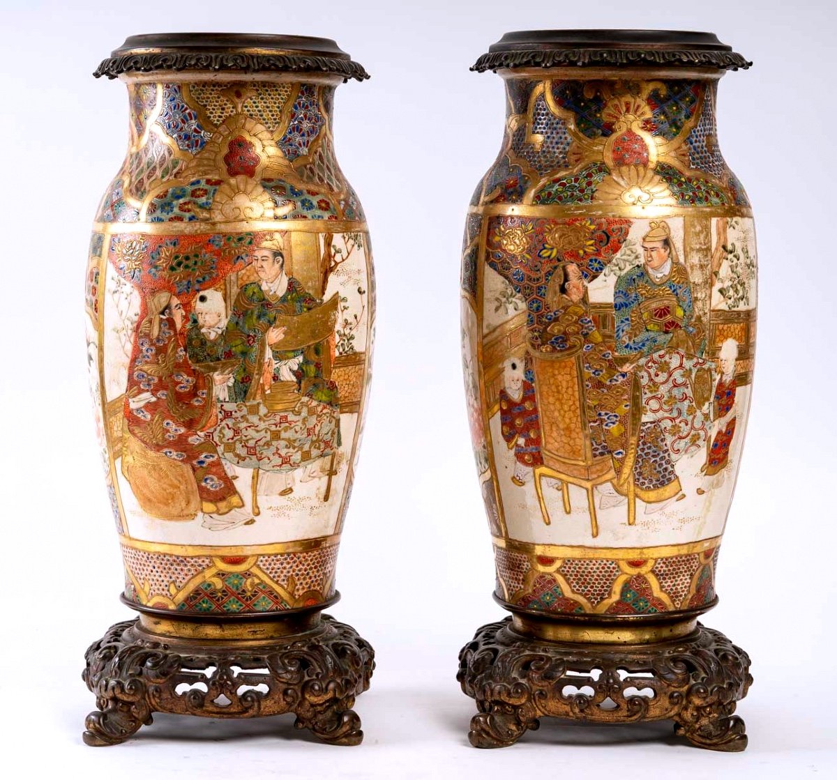 Paire De Vases Céramique Satsuma Montés Sur Bronze Français - Époque : Meiji - XIXème Siècle-photo-3