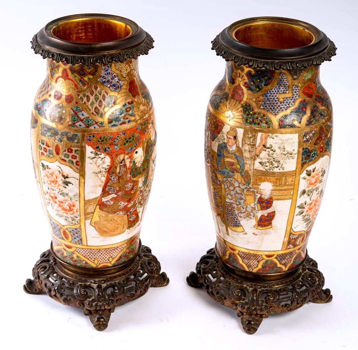 Paire De Vases Céramique Satsuma Montés Sur Bronze Français - Époque : Meiji - XIXème Siècle