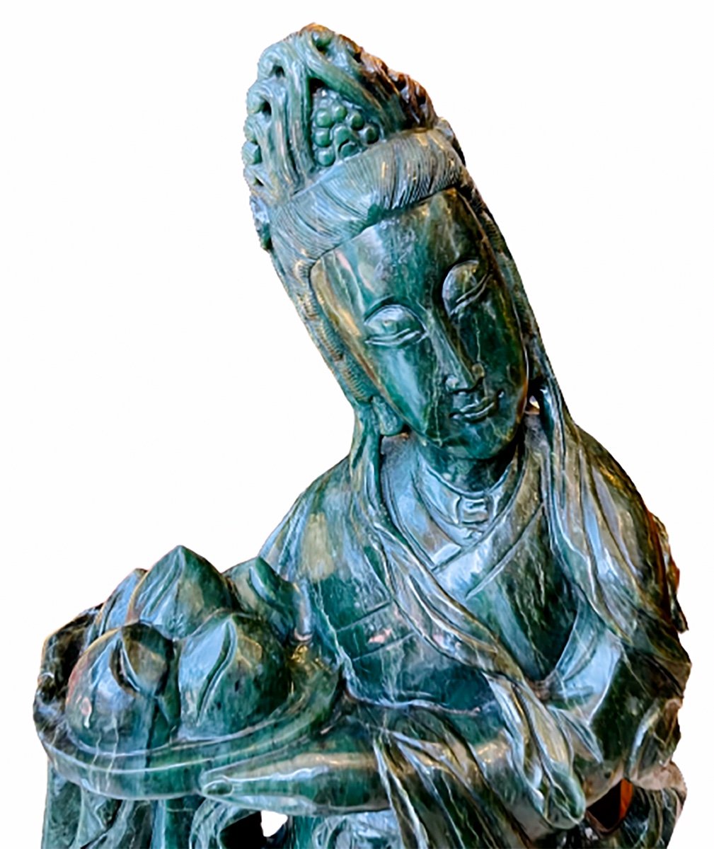 Large Statue - Guan-yin In Jadeite Stone - China - Period: Art Nouveau-photo-3