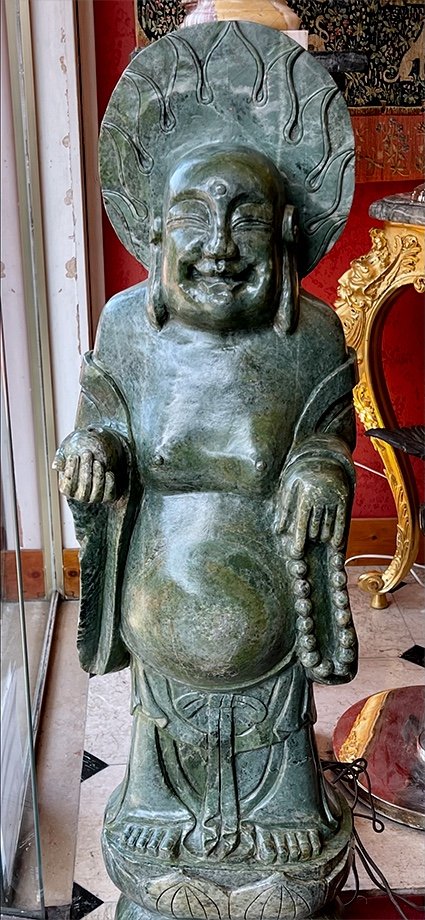 Grande Statue Bouddha Rieur - Pierre Dure Verte -  Chine - époque : Art Nouveau-photo-4