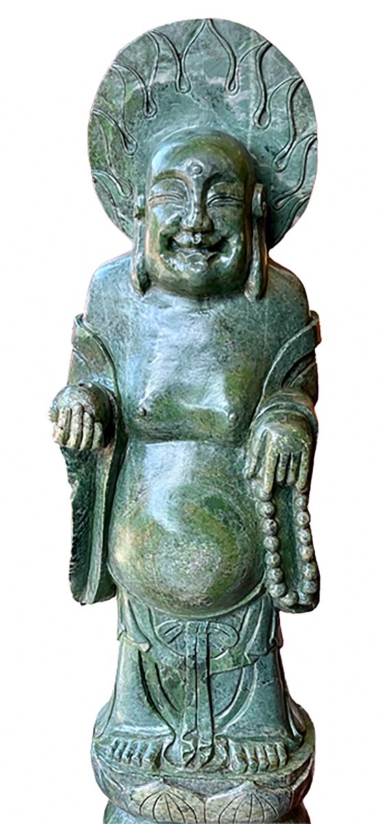 Grande Statue Bouddha Rieur - Pierre Dure Verte -  Chine - époque : Art Nouveau