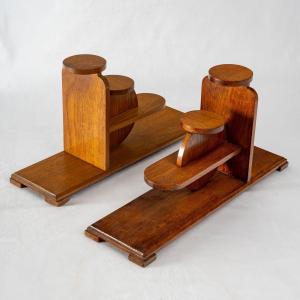 Pair Of Brutalist Shelves - Attributed To Audoux-minet - Varnished Oak - XXth Century