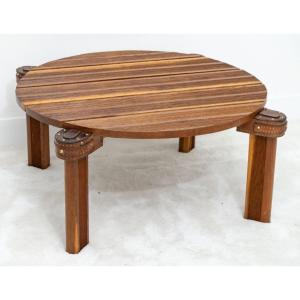 Solid Oak Coffee Table - Jacques Adnet - Sellier Stitching Leather - Period: XXth