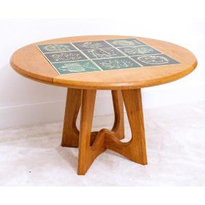 Solid Oak & Ceramic Coffee Table - Guillerme&chambron - Danikowski - Period : XXth