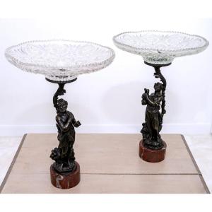 Pair Of Patinated Bronze Centerpieces - Red Campan Griotte Marble Base - Period: XIXth