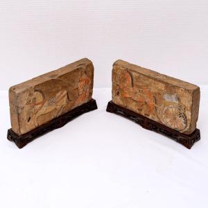Pair Of Terracotta Brick With Trace Of Polychromy - Style: Han - Period: XIXth Century
