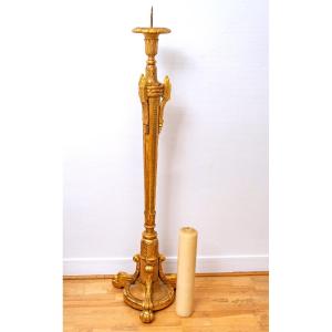 Large Pic Candle Or Verge Candlestick - Golden Wood With Leaf - Period: XIXth Century